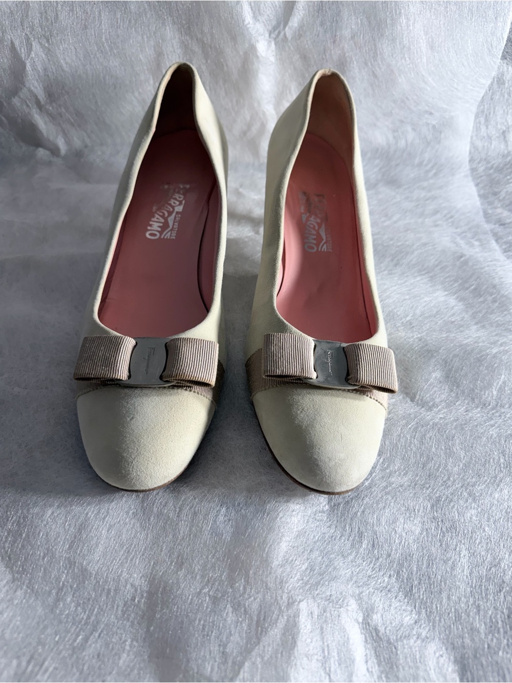 Salvatore Ferragamo Cream Ballet Flats with Pink Insole and Bow